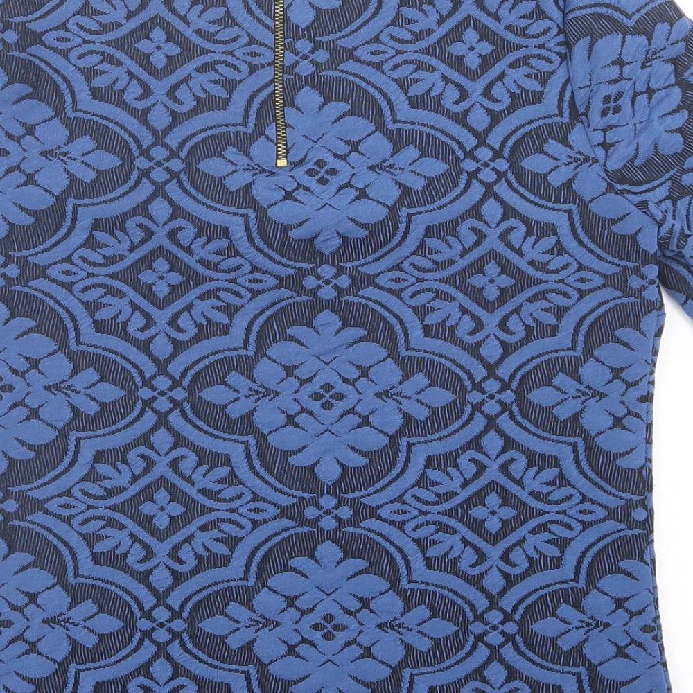 Warehouse Womens Blue Geometric Polyester Basic T-Shirt Size 8 Crew Neck