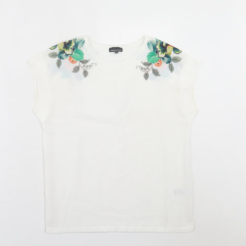 Warehouse Womens White Floral Polyester Basic T-Shirt Size 6 Crew Neck