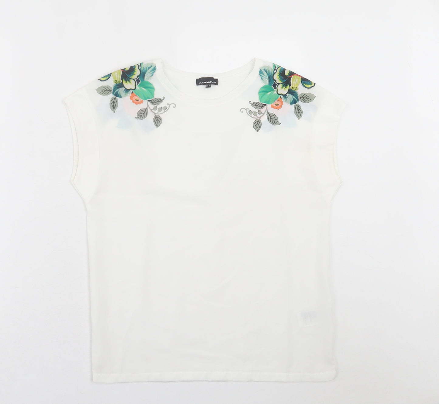 Warehouse Womens White Floral Polyester Basic T-Shirt Size 6 Crew Neck