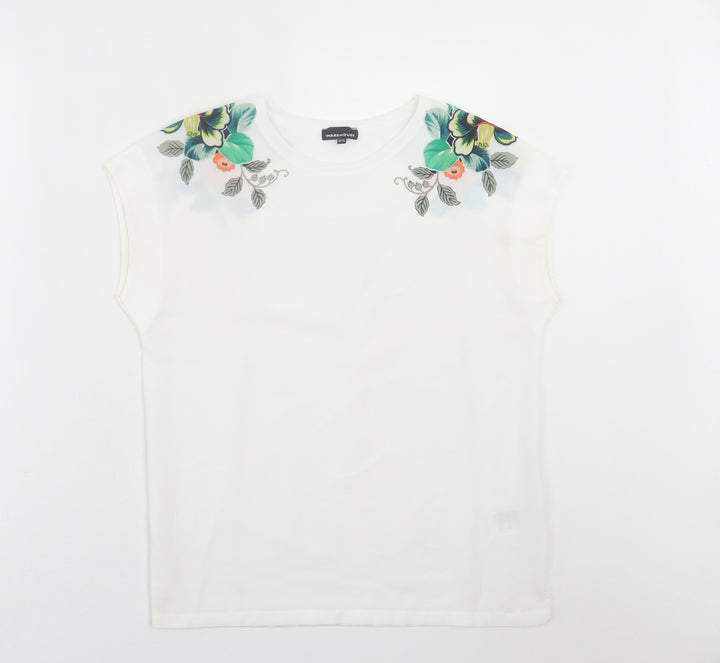 Warehouse Womens White Floral Polyester Basic T-Shirt Size 6 Crew Neck