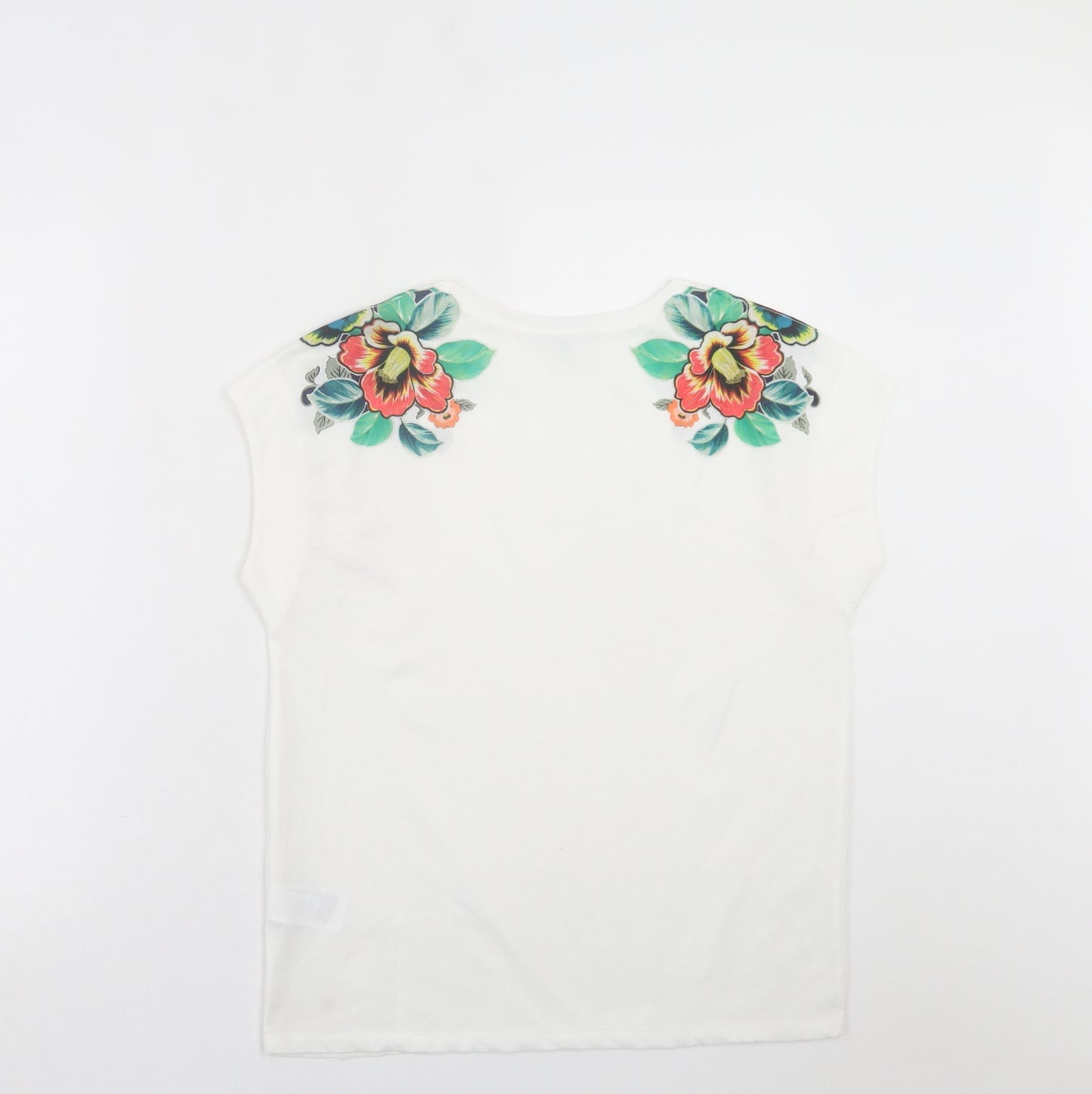 Warehouse Womens White Floral Polyester Basic T-Shirt Size 6 Crew Neck