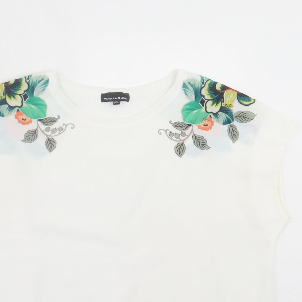 Warehouse Womens White Floral Polyester Basic T-Shirt Size 6 Crew Neck