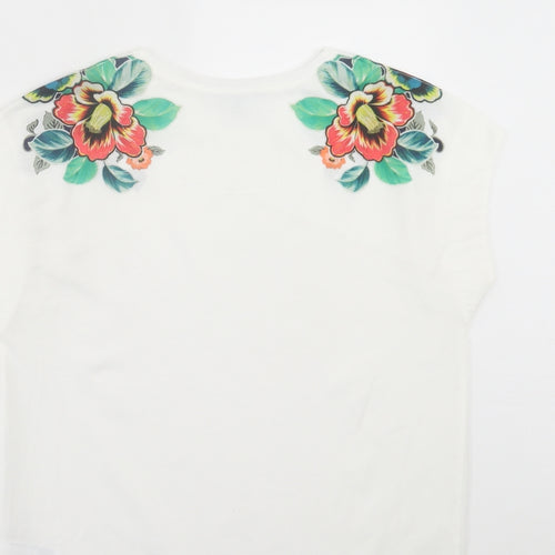 Warehouse Womens White Floral Polyester Basic T-Shirt Size 6 Crew Neck