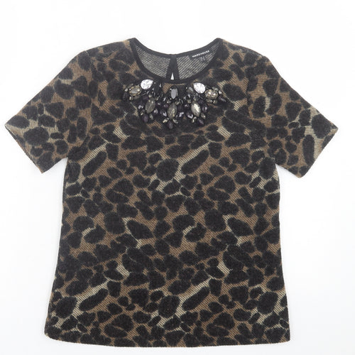Warehouse Womens Brown Animal Print Acrylic Basic T-Shirt Size 8 Crew Neck