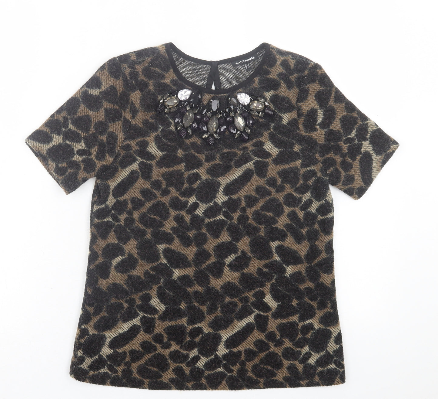 Warehouse Womens Brown Animal Print Acrylic Basic T-Shirt Size 8 Crew Neck