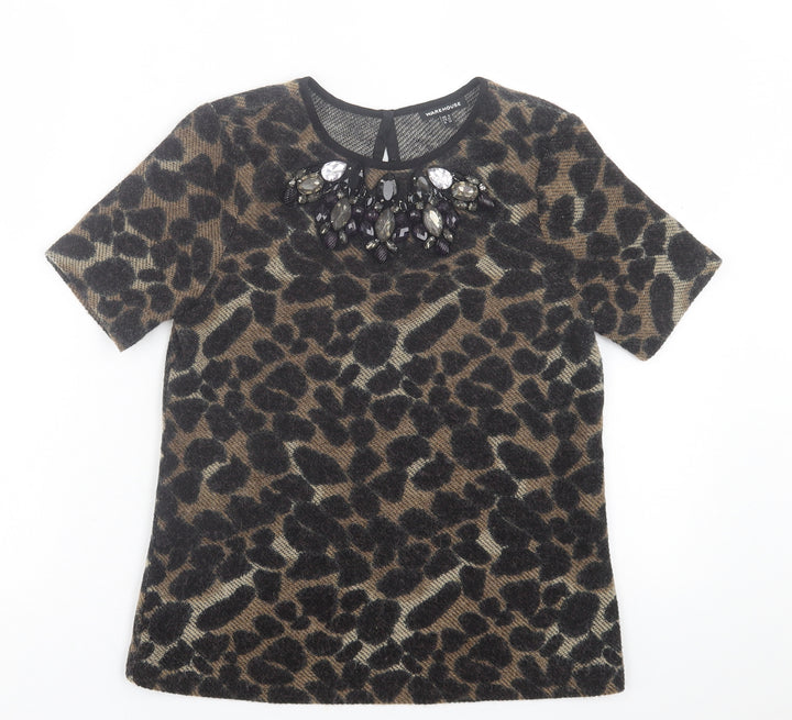 Warehouse Womens Brown Animal Print Acrylic Basic T-Shirt Size 8 Crew Neck