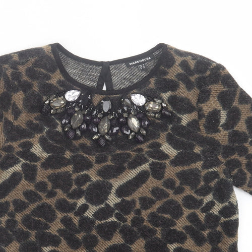 Warehouse Womens Brown Animal Print Acrylic Basic T-Shirt Size 8 Crew Neck