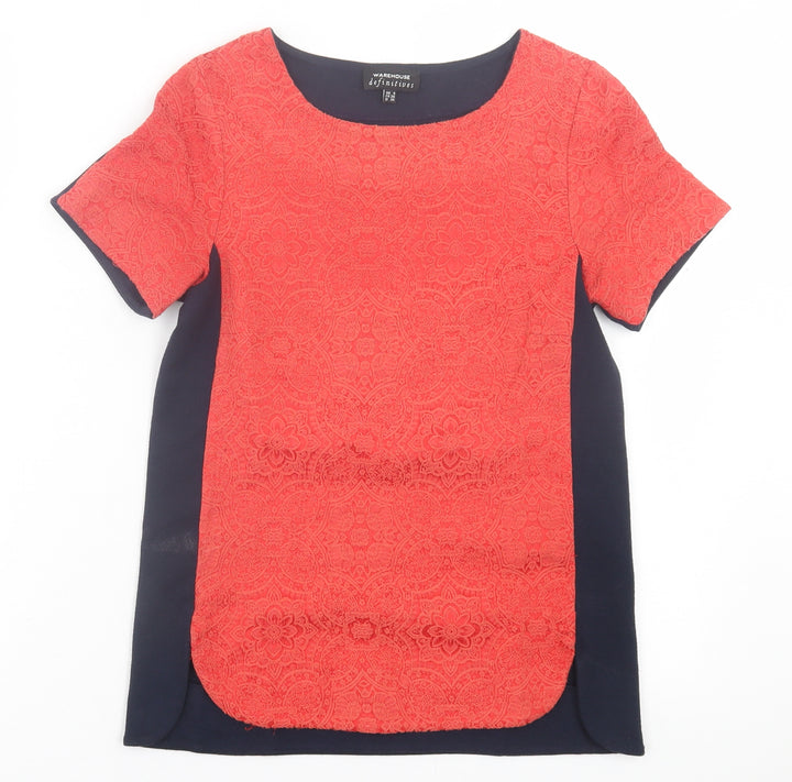 Warehouse Womens Blue Geometric Viscose Basic T-Shirt Size 8 Crew Neck