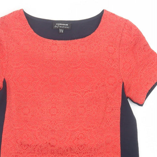 Warehouse Womens Blue Geometric Viscose Basic T-Shirt Size 8 Crew Neck