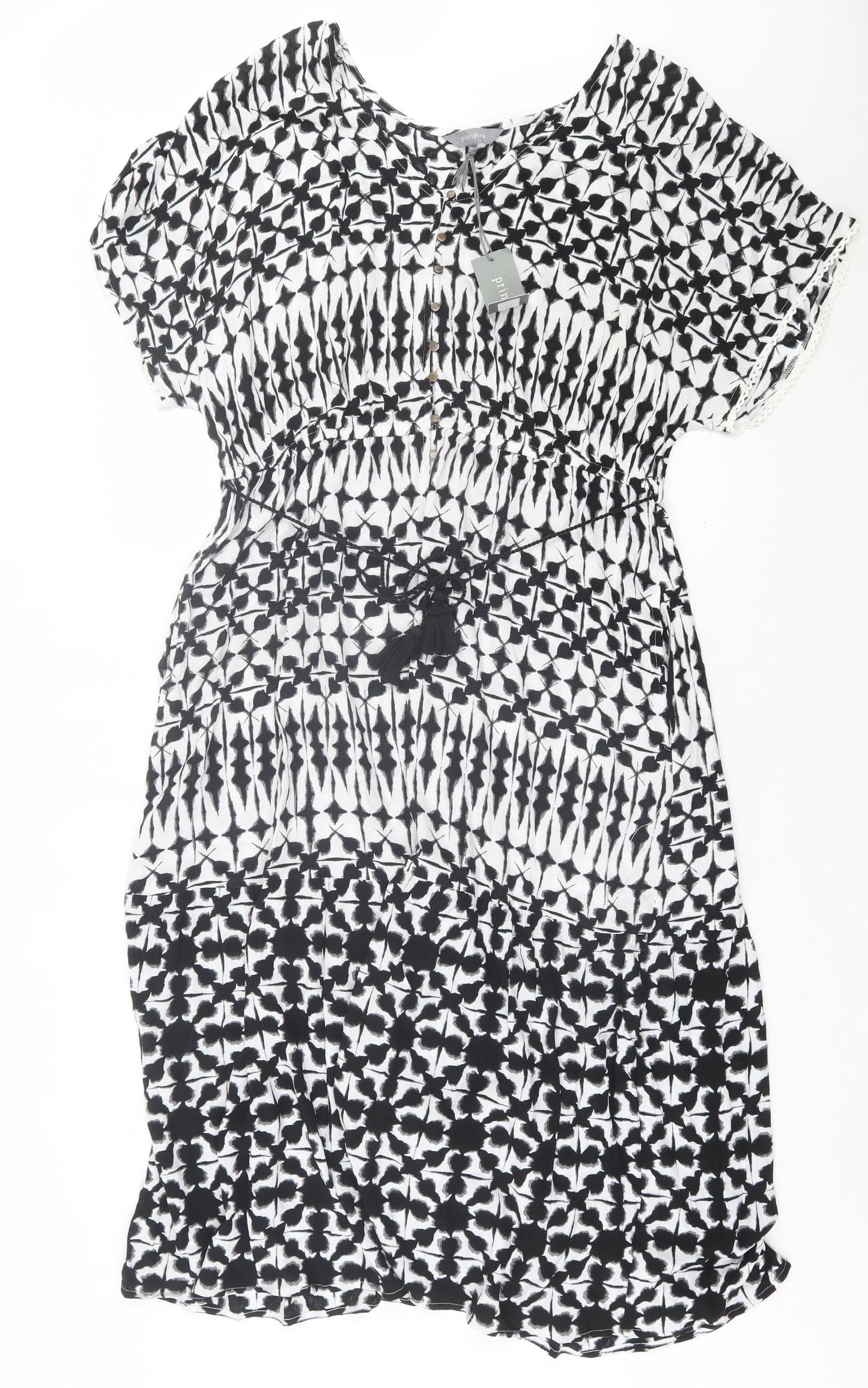 Principles Womens White Geometric Viscose A-Line  Size 18  V-Neck Button