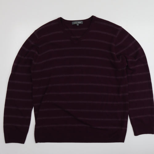 M&S Mens Purple V-Neck Striped Acrylic Pullover Jumper Size XL