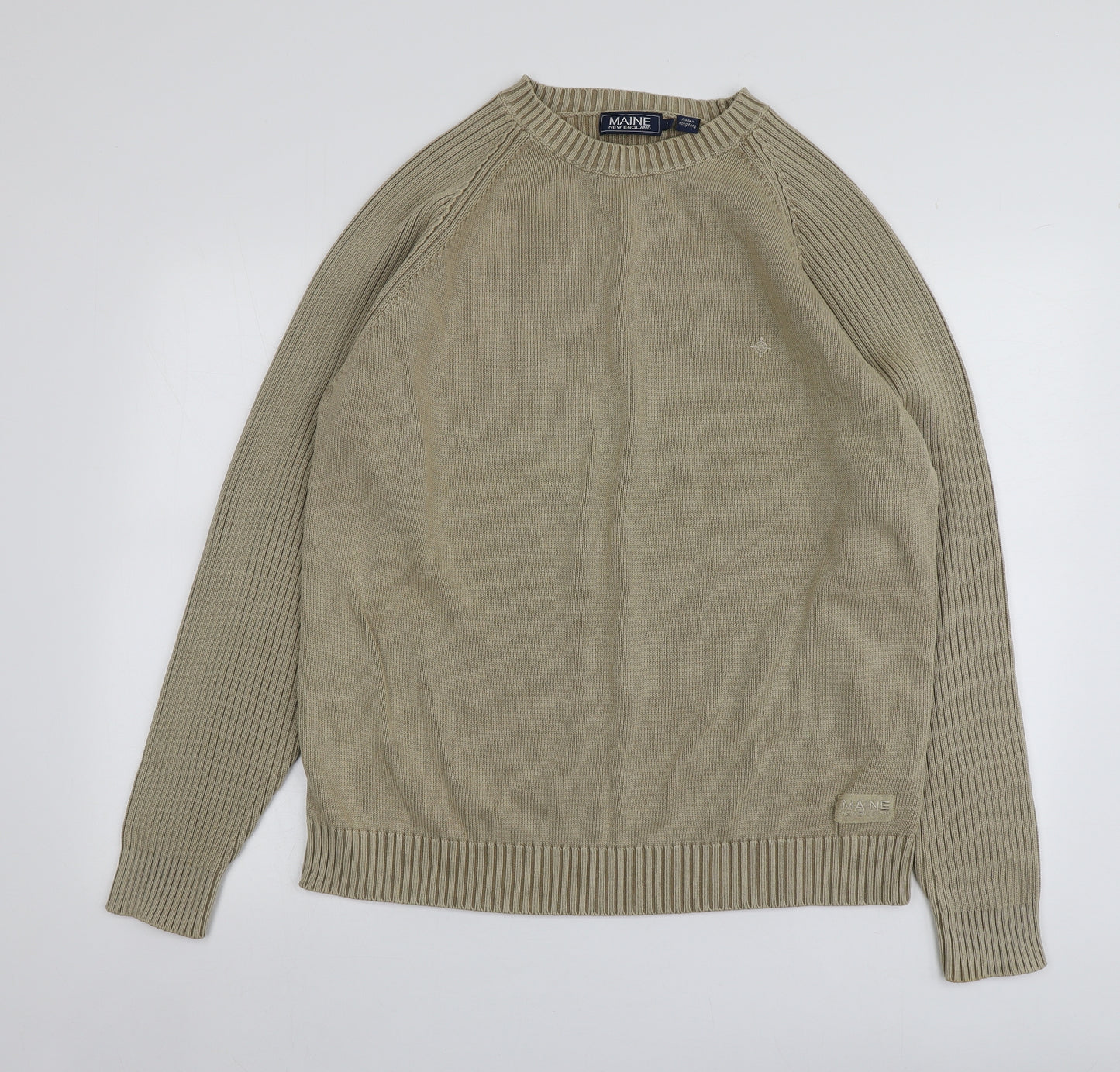 Maine Mens Beige Round Neck  Cotton Pullover Jumper Size L