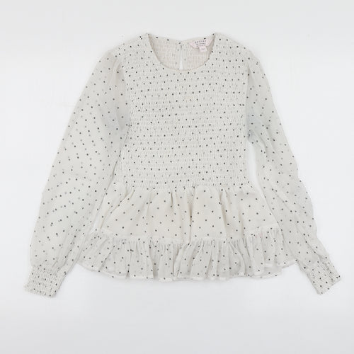 Petites Womens White Polka Dot Polyester Basic Blouse Size 6 Round Neck