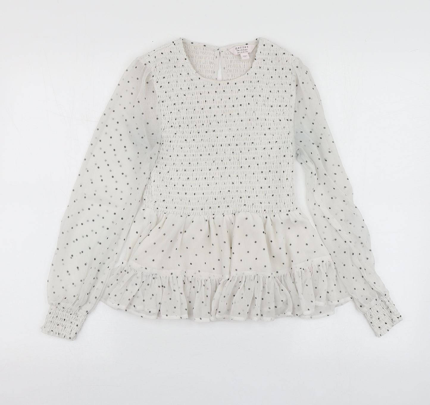 Petites Womens White Polka Dot Polyester Basic Blouse Size 6 Round Neck