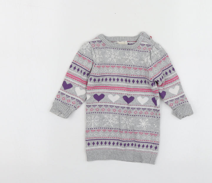 BHS Girls Grey Geometric Cotton Pullover Jumper Size 6-9 Months