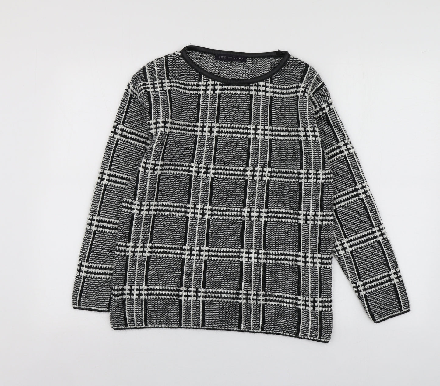 M7S Womens Black Round Neck Plaid Acrylic Pullover Jumper Size 6