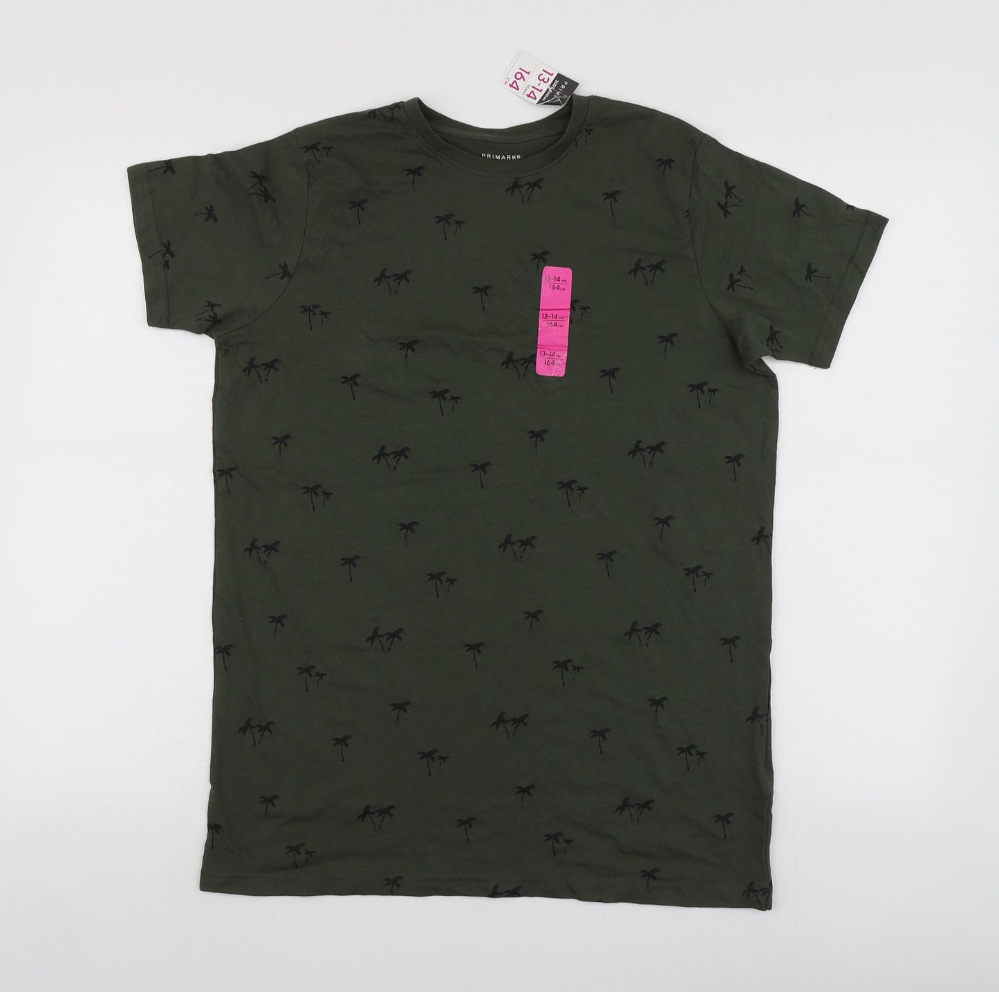 Primark Boys Green Geometric Cotton Basic T-Shirt Size 13-14 Years Round Neck