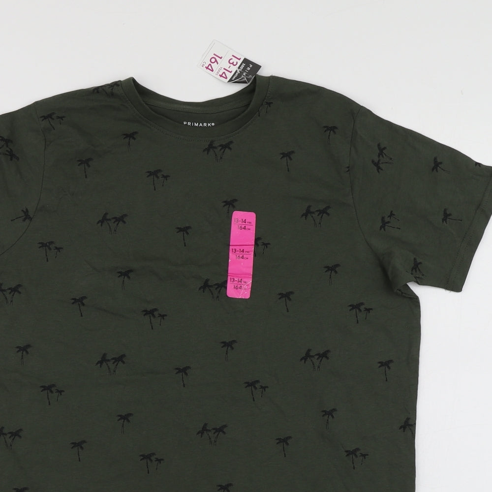 Primark Boys Green Geometric Cotton Basic T-Shirt Size 13-14 Years Round Neck