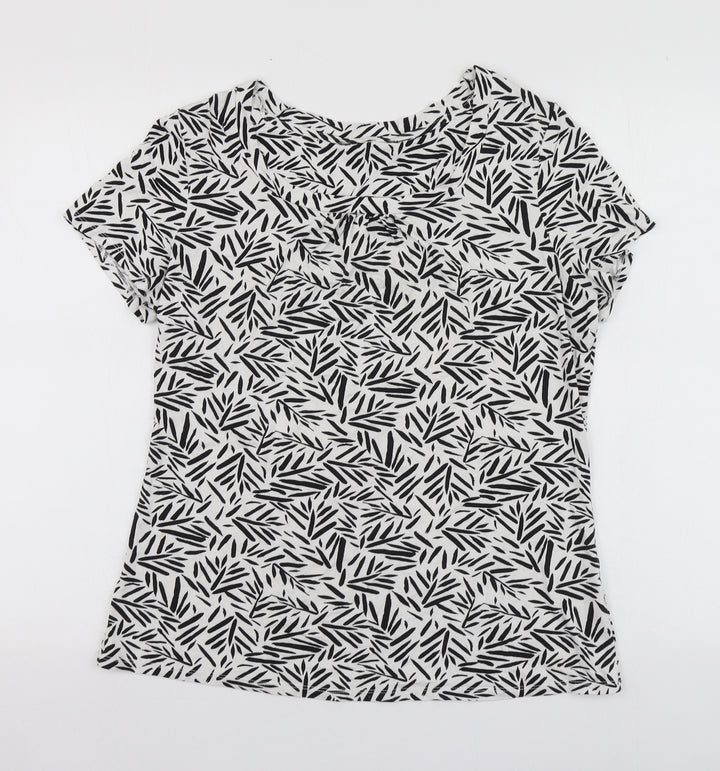 Bonmarché Womens White Geometric Viscose Basic T-Shirt Size 10 Round Neck