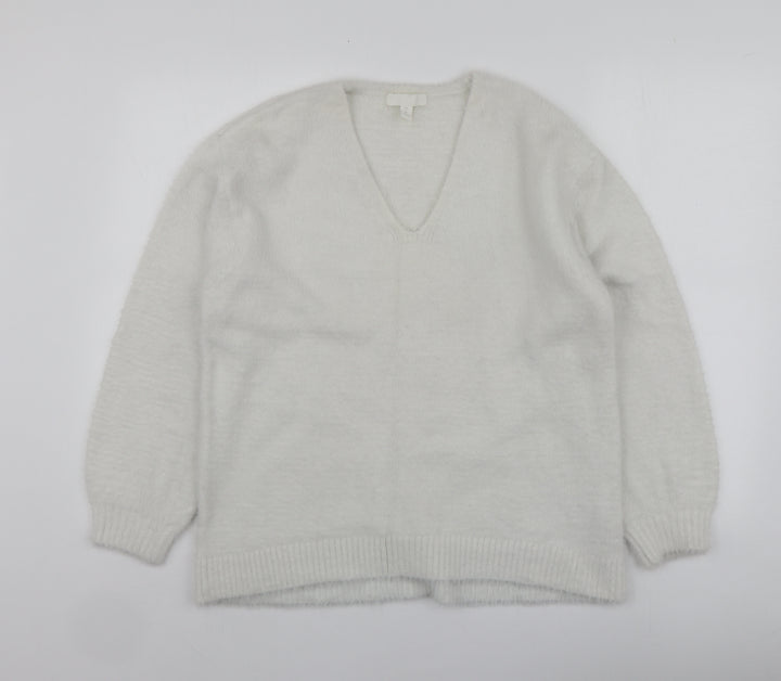 H&M Womens White V-Neck Polyamide Pullover Jumper Size S