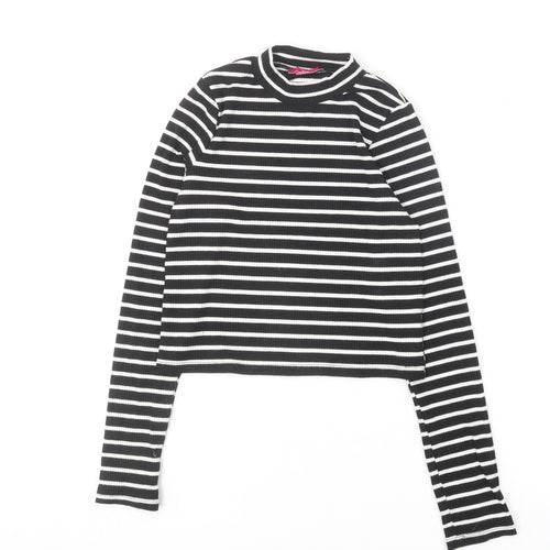 YD Girls Black Striped Viscose Basic T-Shirt Size 12-13 Years Round Neck