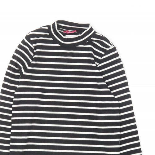 YD Girls Black Striped Viscose Basic T-Shirt Size 12-13 Years Round Neck