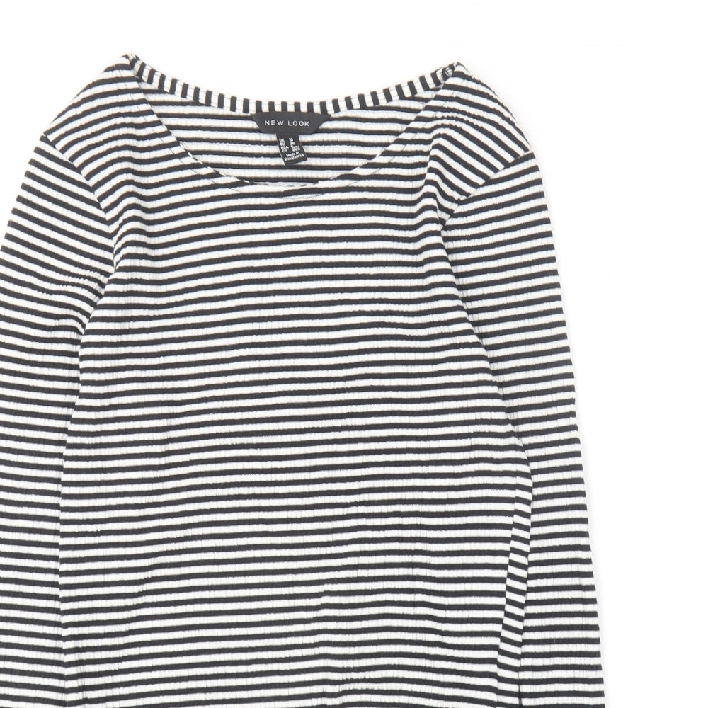 New Look Womens Black Striped Cotton Basic T-Shirt Size 10 Round Neck