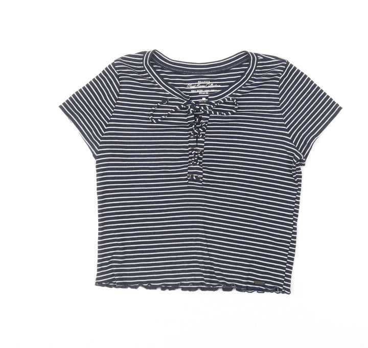 Hollister Womens Blue Striped Viscose Cropped T-Shirt Size M Round Neck