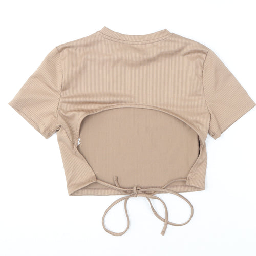 Primark Womens Brown  Polyester Cropped T-Shirt Size S Round Neck