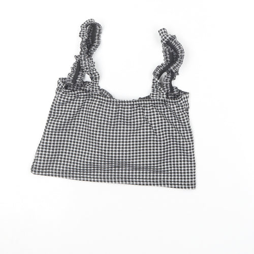PRETTYLITTLETHING Womens Black Check Polyester Cropped T-Shirt Size 10 Square Neck