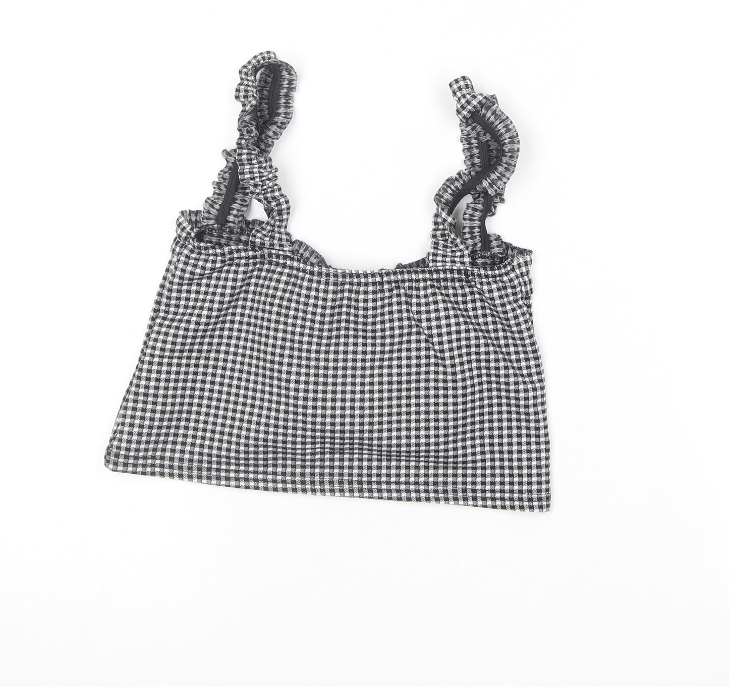 PRETTYLITTLETHING Womens Black Check Polyester Cropped T-Shirt Size 10 Square Neck