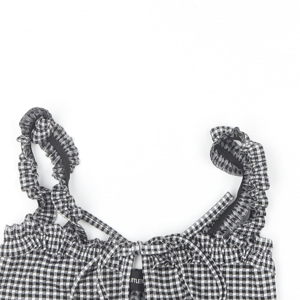 PRETTYLITTLETHING Womens Black Check Polyester Cropped T-Shirt Size 10 Square Neck