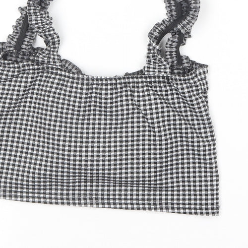 PRETTYLITTLETHING Womens Black Check Polyester Cropped T-Shirt Size 10 Square Neck