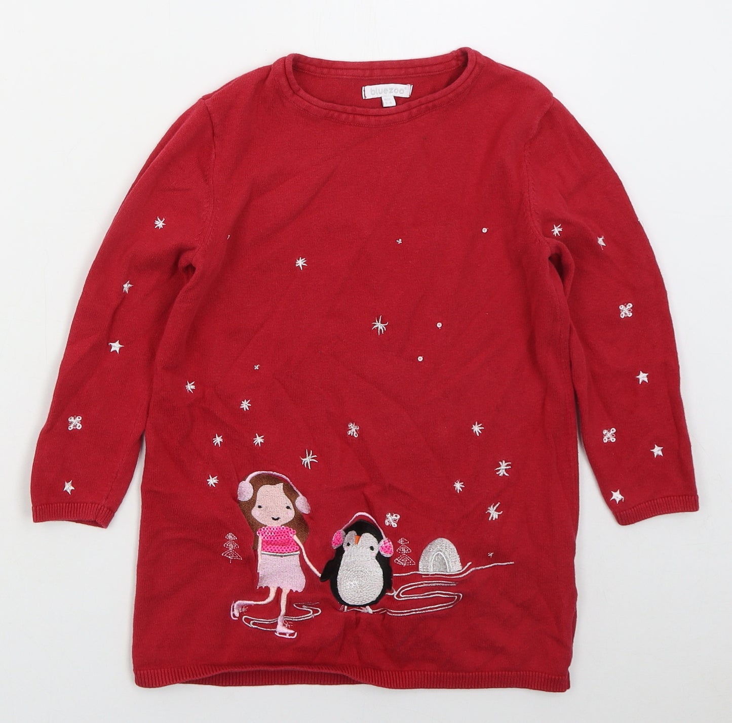 Blue Zoo Girls Red  Cotton Jumper Dress  Size 5-6 Years  Crew Neck Pullover - Christmas Penguin
