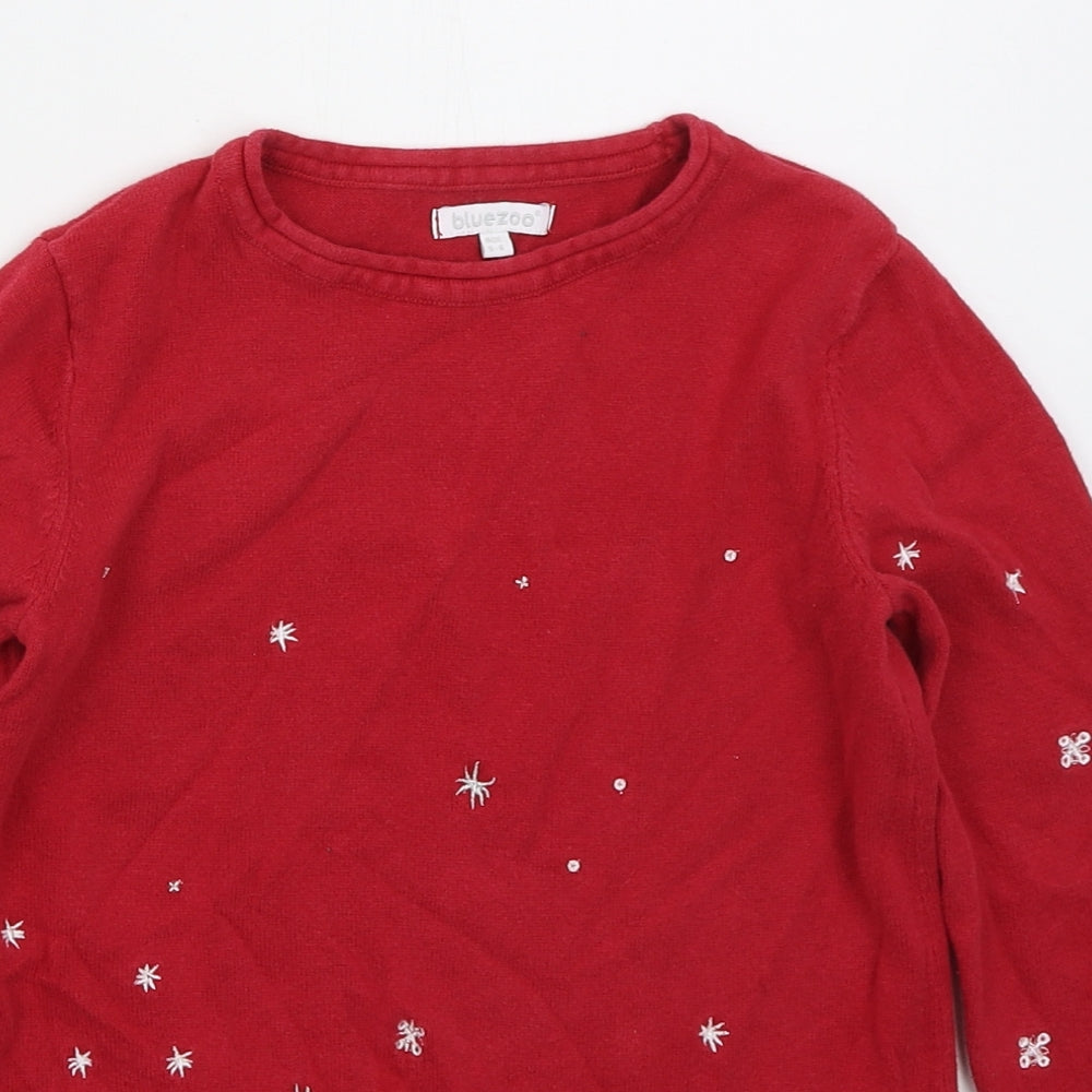 Blue Zoo Girls Red  Cotton Jumper Dress  Size 5-6 Years  Crew Neck Pullover - Christmas Penguin