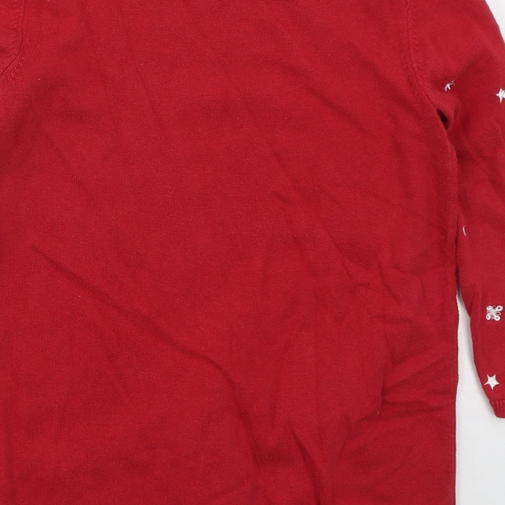 Blue Zoo Girls Red  Cotton Jumper Dress  Size 5-6 Years  Crew Neck Pullover - Christmas Penguin