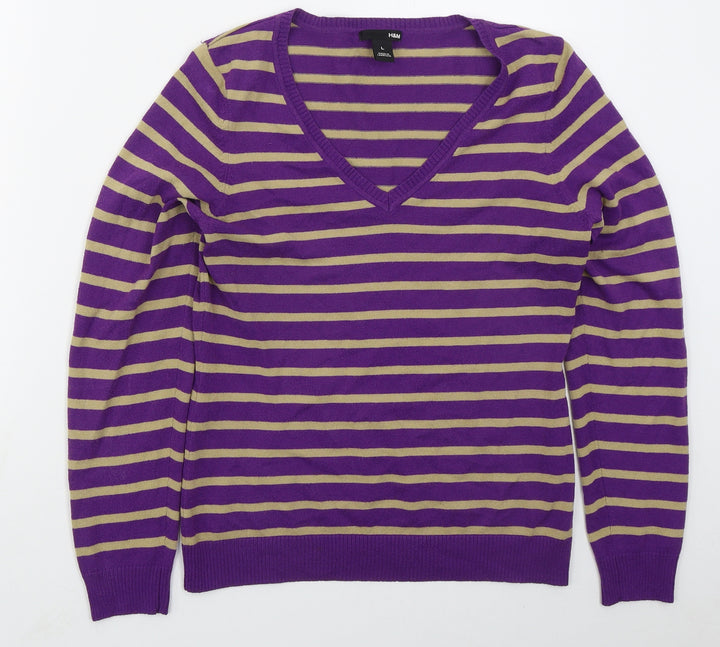 H&M Womens Purple V-Neck Striped Acrylic Pullover Jumper Size L