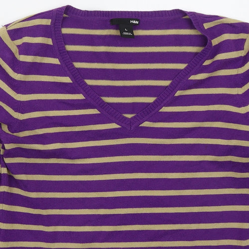 H&M Womens Purple V-Neck Striped Acrylic Pullover Jumper Size L
