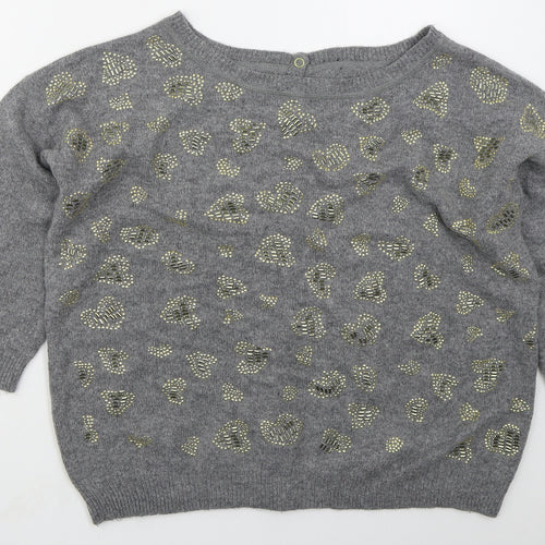 Preworn Womens Grey Boat Neck Animal Print Acrylic Pullover Jumper Size M
