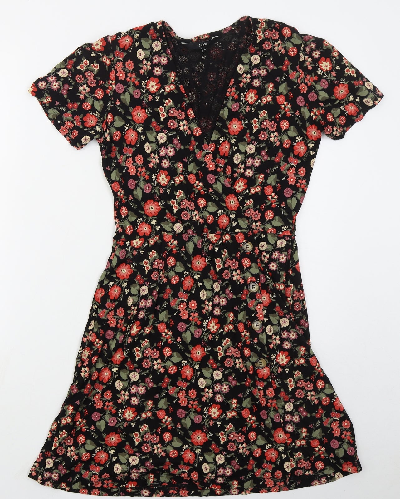 NEXT Womens Black Floral Viscose Skater Dress  Size 10  V-Neck Pullover