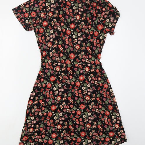 NEXT Womens Black Floral Viscose Skater Dress  Size 10  V-Neck Pullover