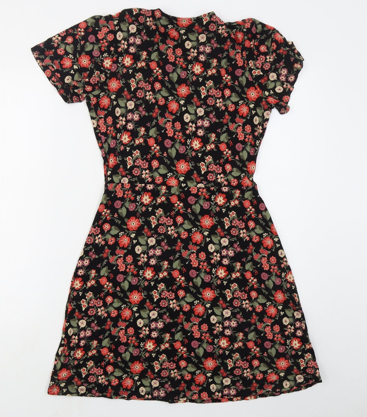 NEXT Womens Black Floral Viscose Skater Dress  Size 10  V-Neck Pullover