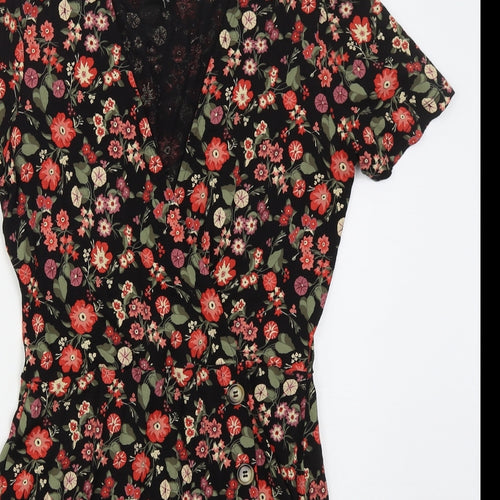 NEXT Womens Black Floral Viscose Skater Dress  Size 10  V-Neck Pullover