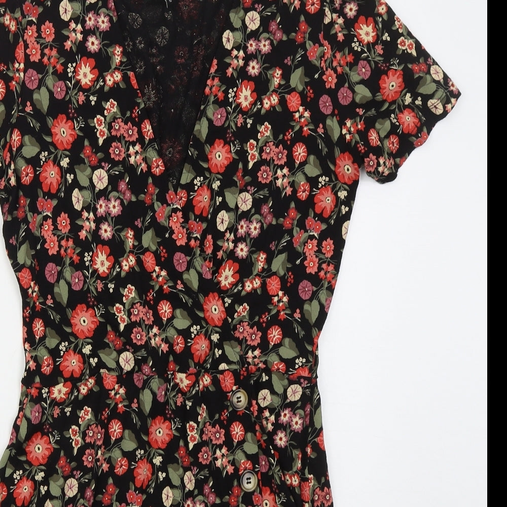 NEXT Womens Black Floral Viscose Skater Dress  Size 10  V-Neck Pullover