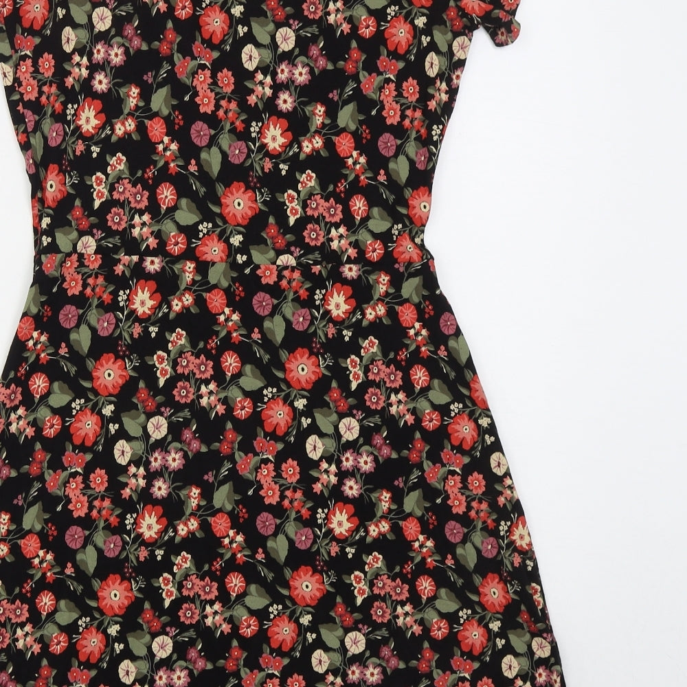 NEXT Womens Black Floral Viscose Skater Dress  Size 10  V-Neck Pullover
