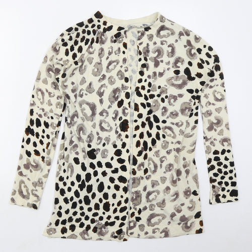 Preworn Womens Beige Roll Neck Animal Print Cotton Cardigan Jumper Size 12