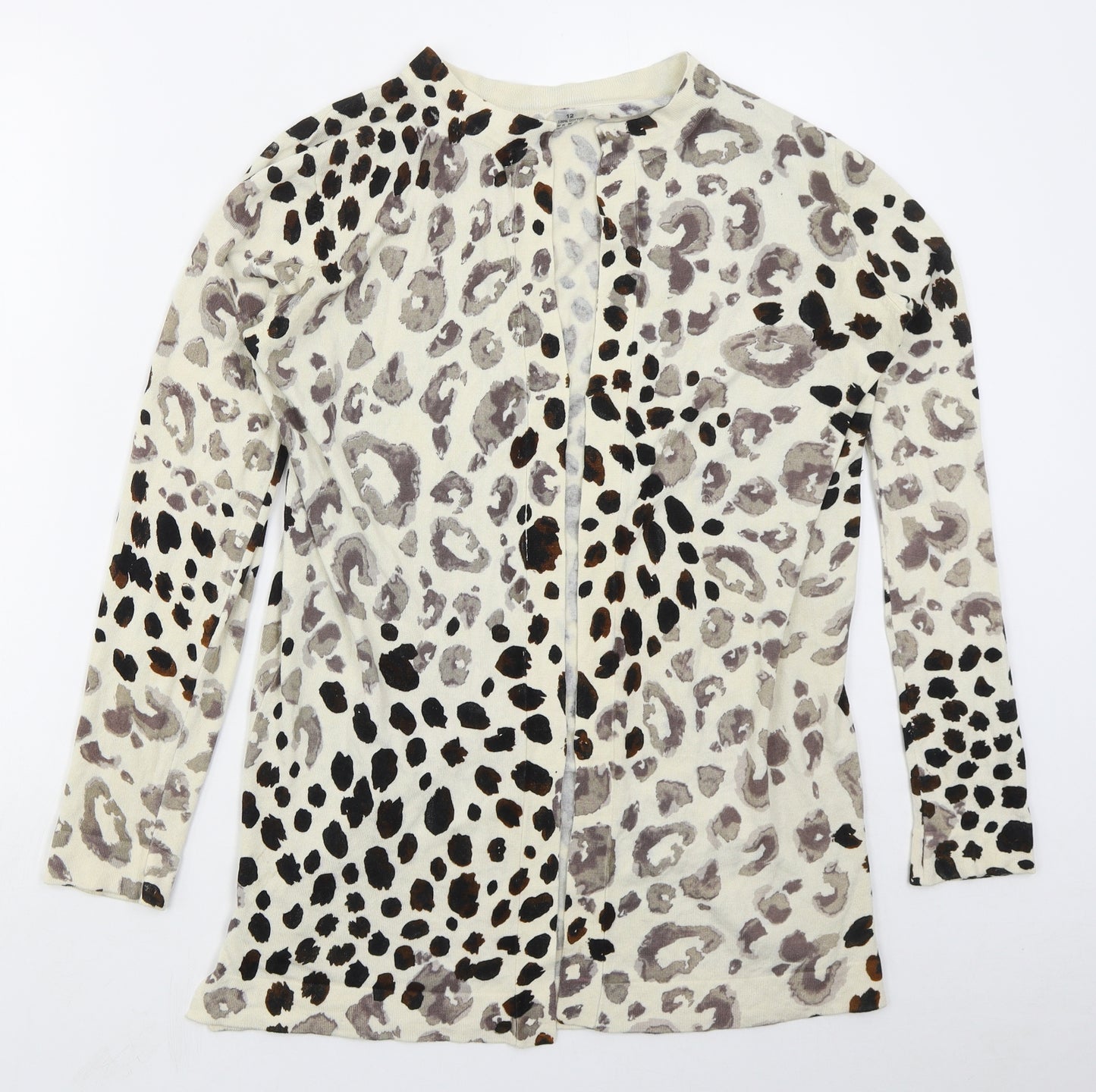 Preworn Womens Beige Roll Neck Animal Print Cotton Cardigan Jumper Size 12