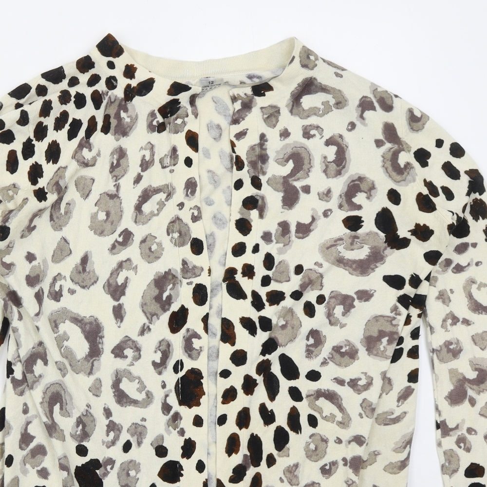 Preworn Womens Beige Roll Neck Animal Print Cotton Cardigan Jumper Size 12