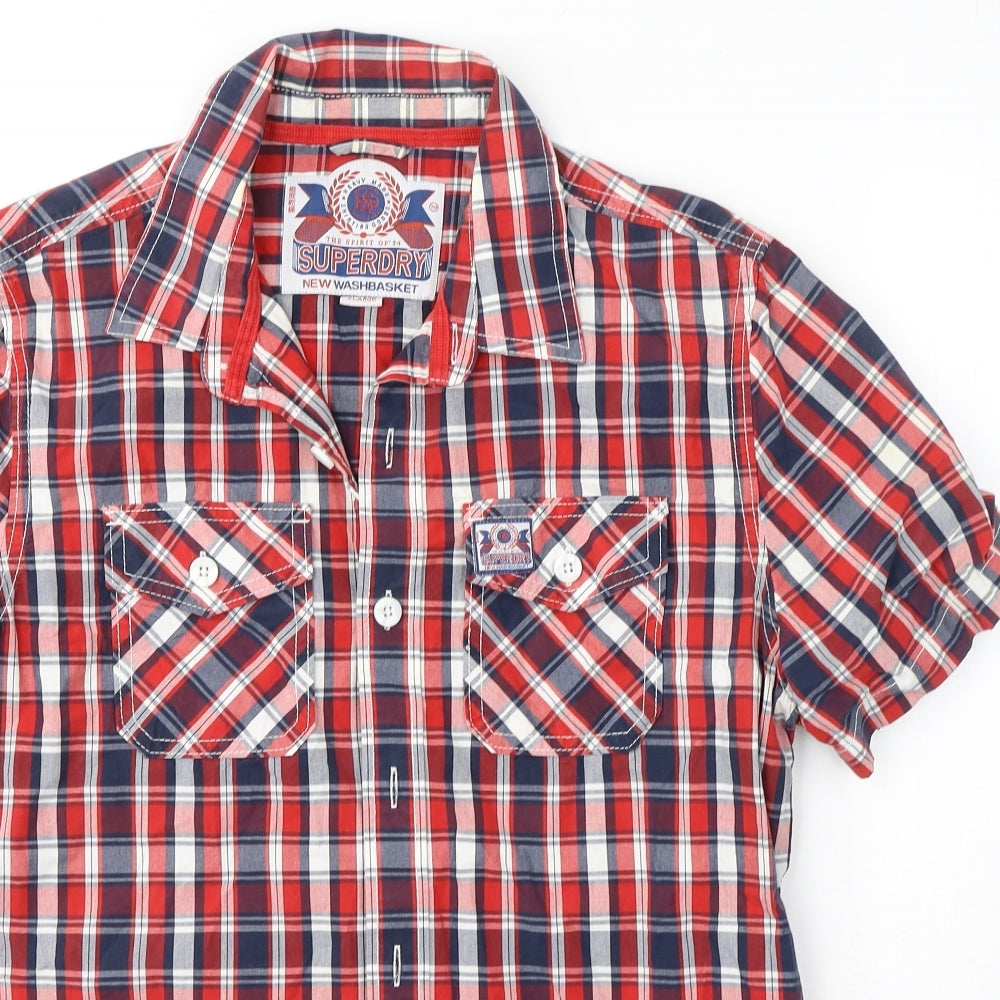 Superdry Mens Red Plaid Cotton  Button-Up Size XL Collared Button