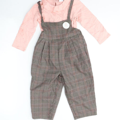 NEXT Girls Pink  Cotton Dungaree Outfit/Set Size 18-24 Months  Button